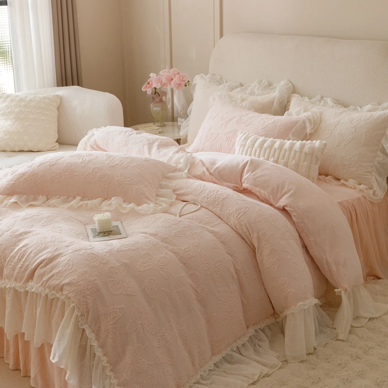 2024新款高端定制牛奶绒雕花四件套床裙款 韩版少女心花边被套