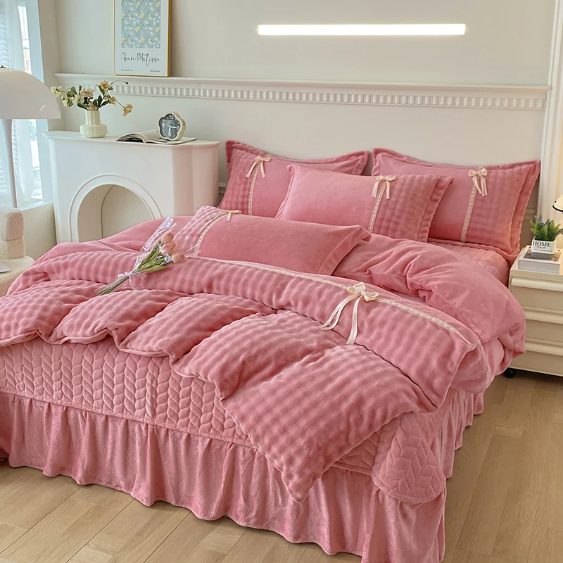 2024冬季新款韩版蝴蝶结牛奶绒四件套夹棉加厚床盖款纯色高端床品