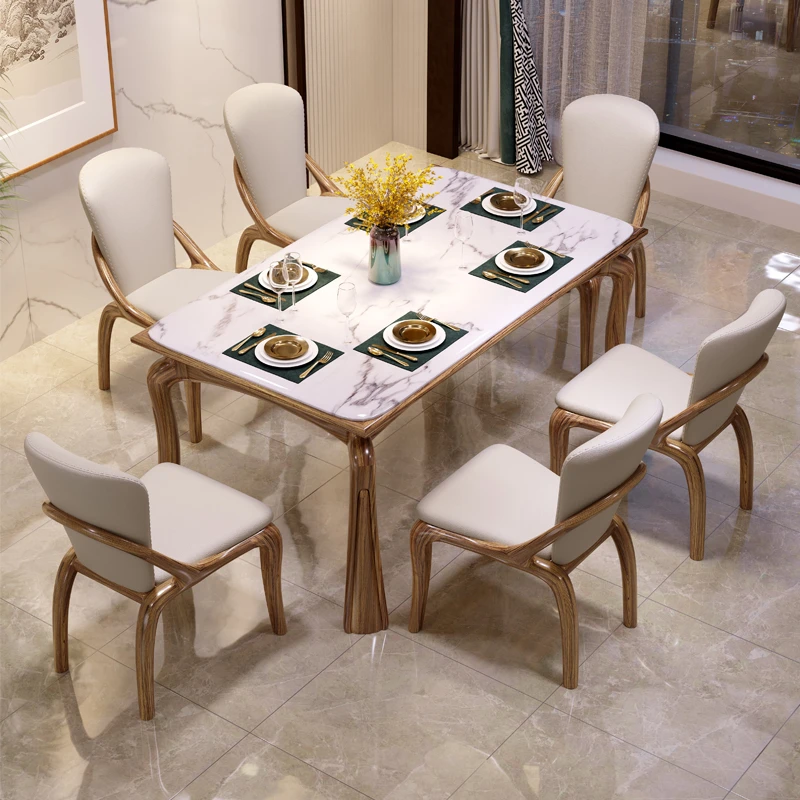 新中式乌金木实木长方形餐桌大理石面