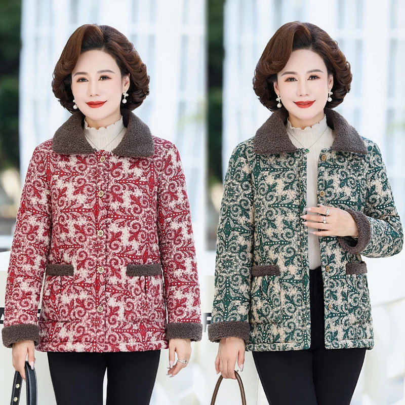 妈妈装翻领棉衣棉服中老年女装加绒保暖上衣外套