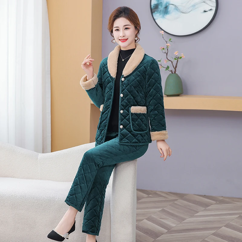 妈妈冬季加绒新款加厚棉衣棉裤套装中老年棉服保暖棉袄两件套休闲