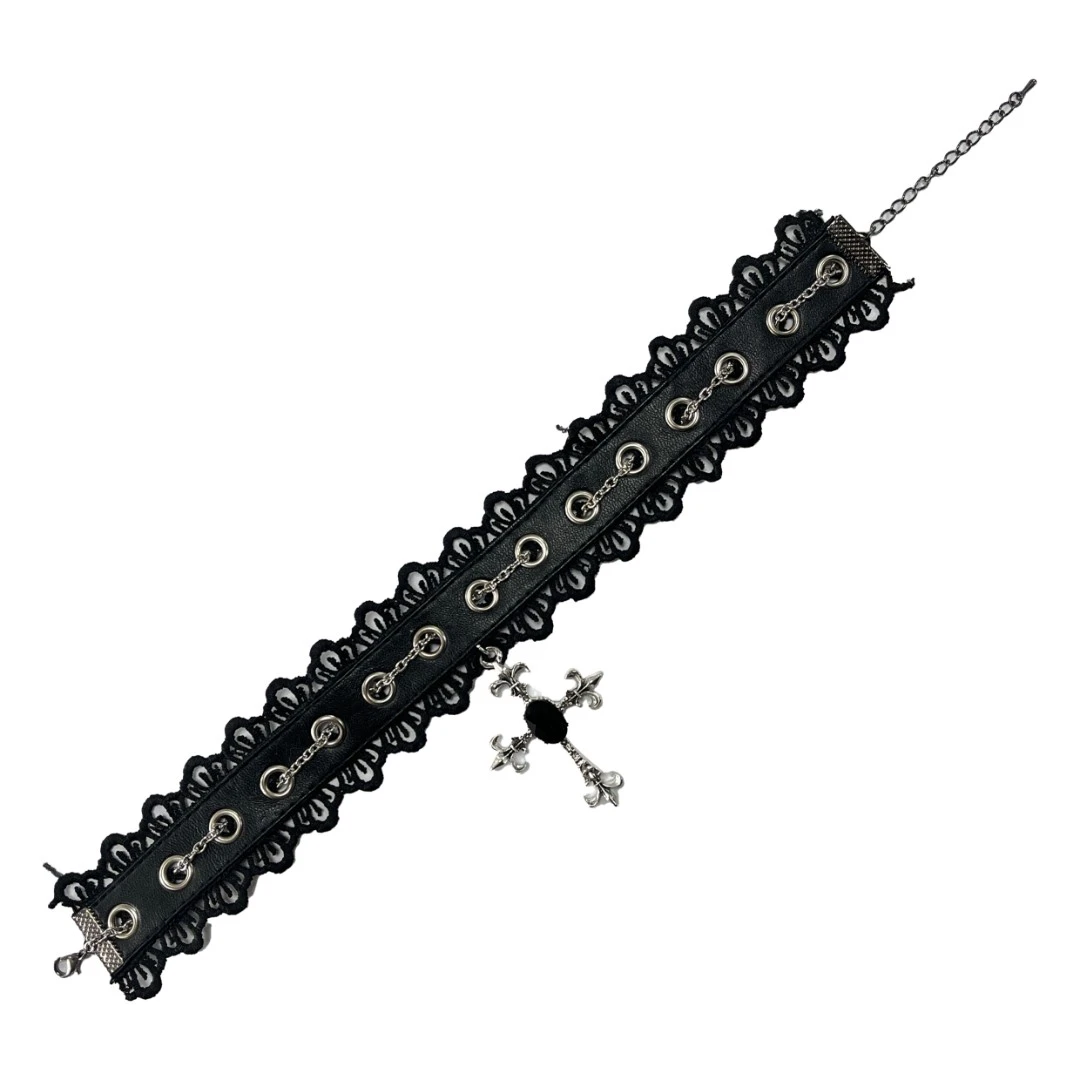 不锈钢皮质项链 【爆款浮力】亚文化Punk白哥特宝石十字架项圈