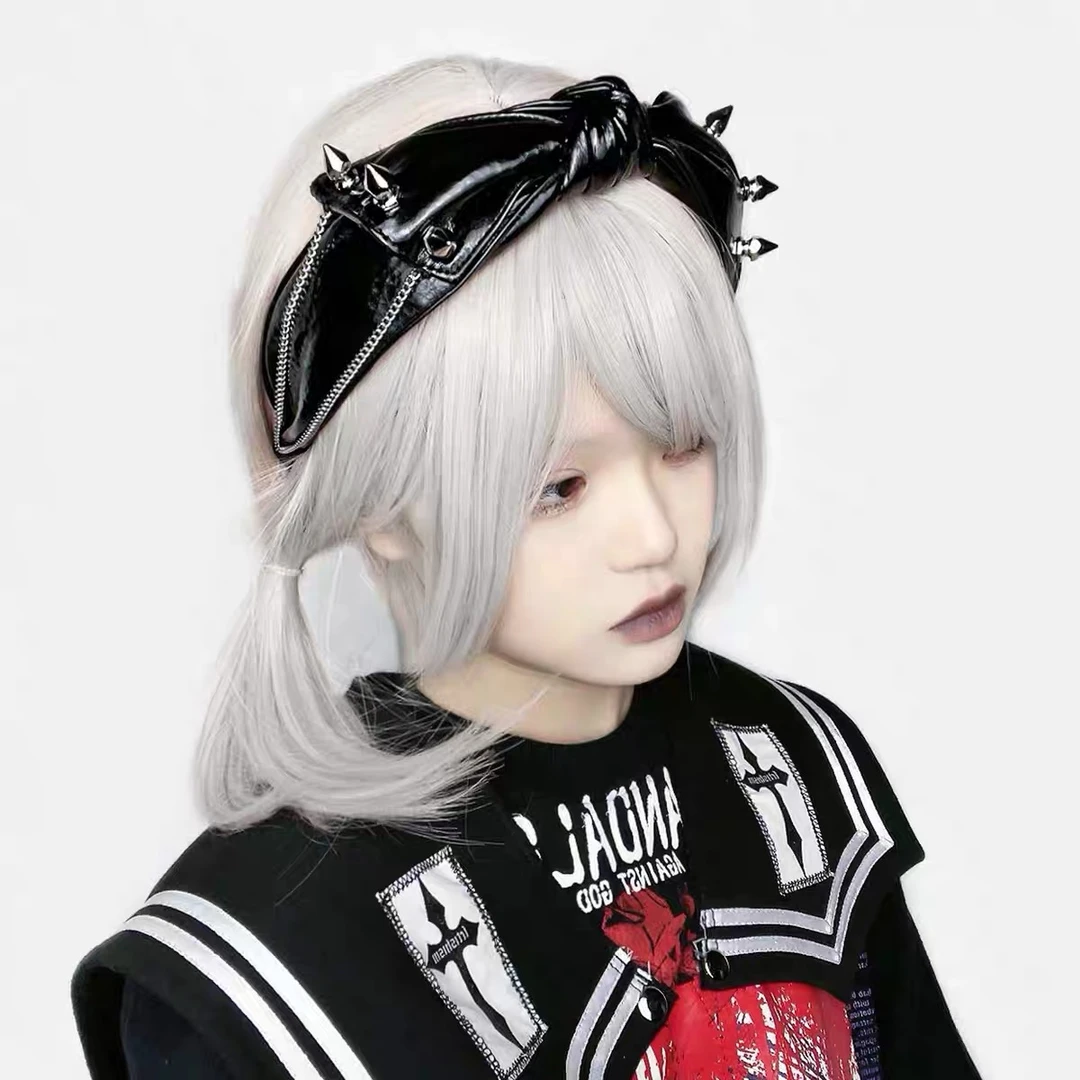 暗黑朋克金属铆钉PU亮皮蝴蝶结发饰发箍黑色百搭宽边时尚头饰手工