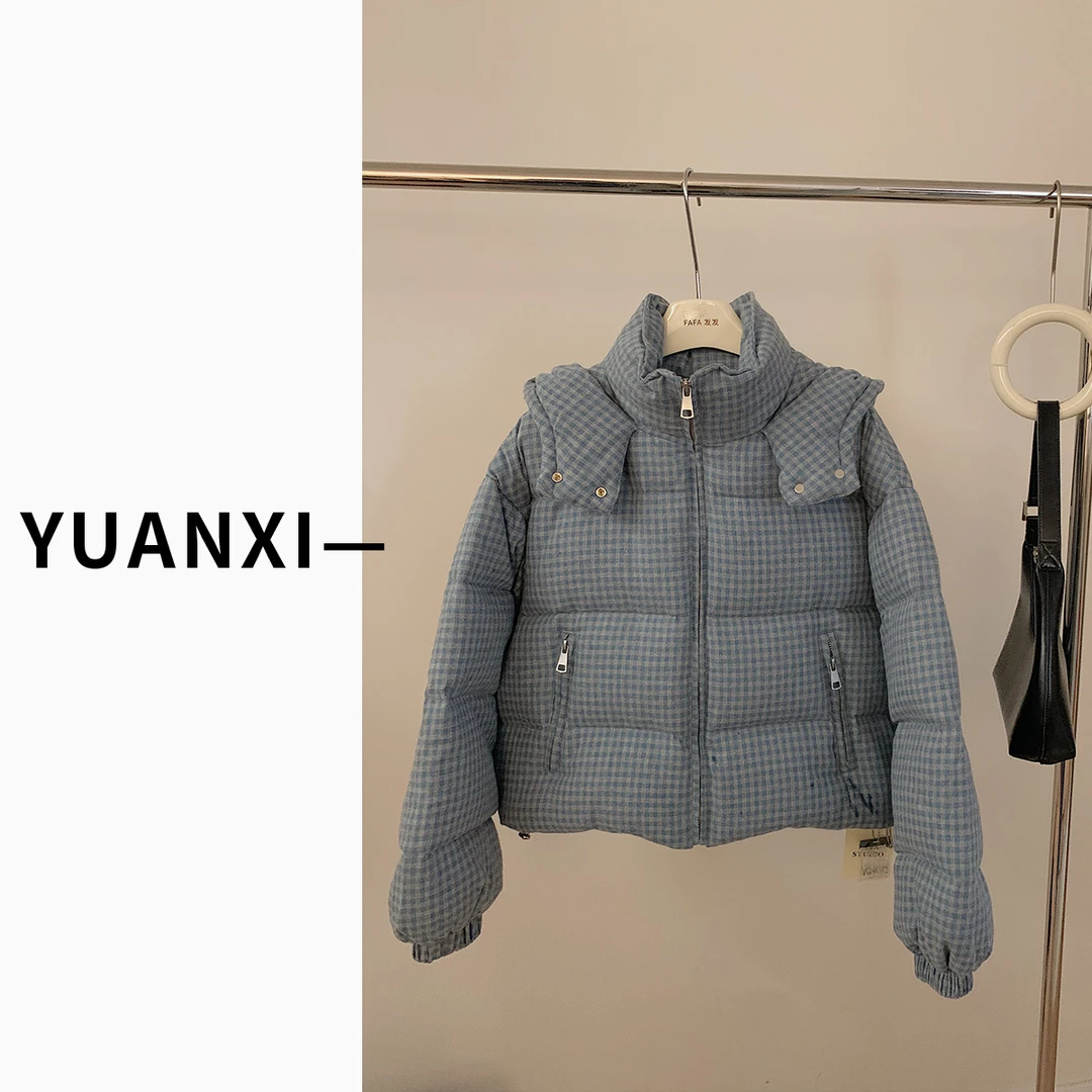 【YUAN.XI】韩系连帽细格子百搭外套女2024冬季新款F248款