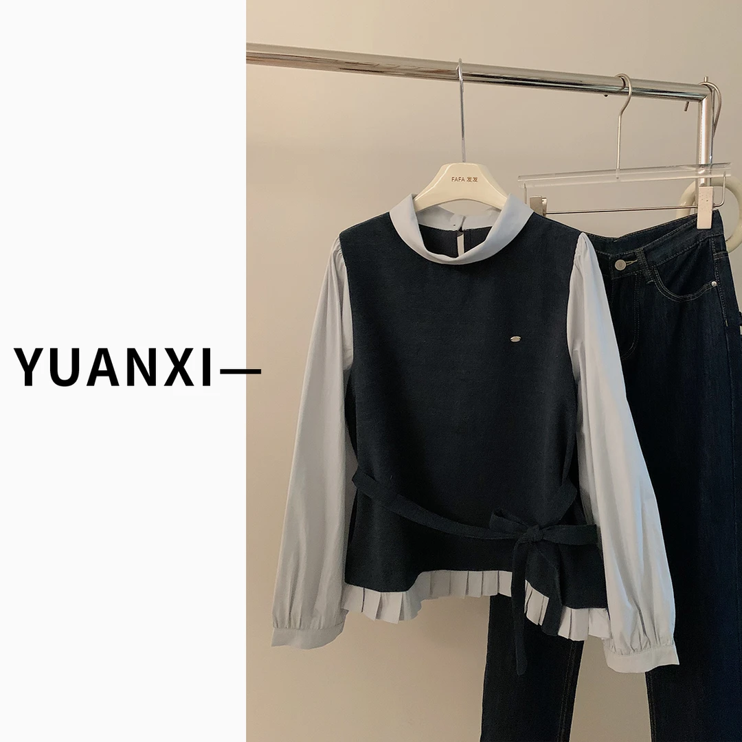 【YUAN.XI】F130 假两件带腰带设计感长袖衬衫女秋冬 新款