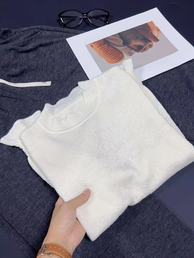 H2061超细蕾丝半高领毛衣女打底衫春秋新款外穿荷叶袖针织衫内搭