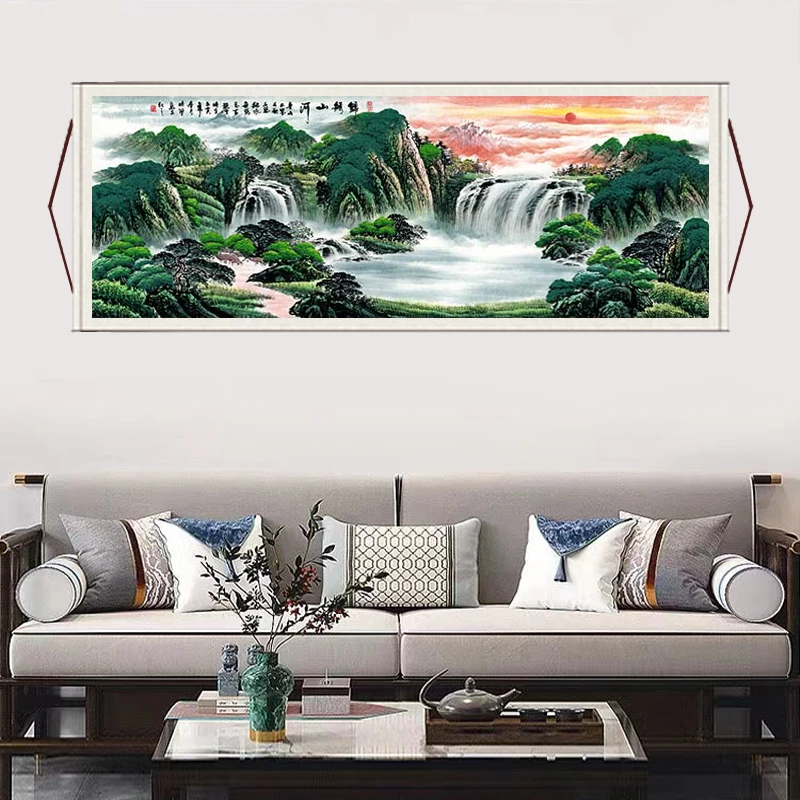 《锦绣山河》大气背景墙横幅挂画国风山水画靠山风景图装饰画Q9装裱