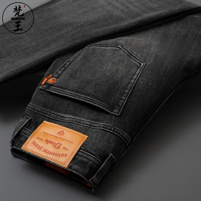 FANWANG/梵王男士牛仔裤秋冬修身小直筒高端欧版棉弹复古黑灰长裤
