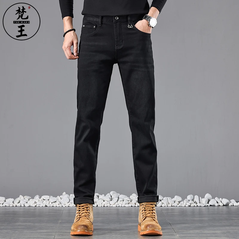 FANWANG/梵王黑色弹力牛仔裤男秋冬修身小直筒潮流百搭休闲长裤子