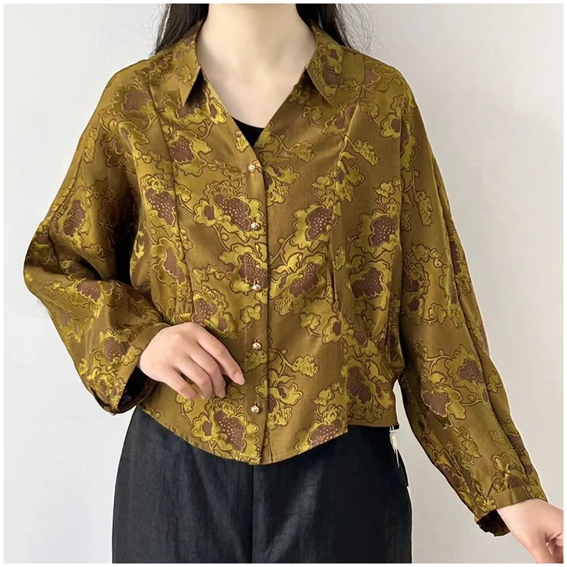 【林典】40姆米高端宽松长袖衬衣小衫休闲香云纱花萝短款上衣365