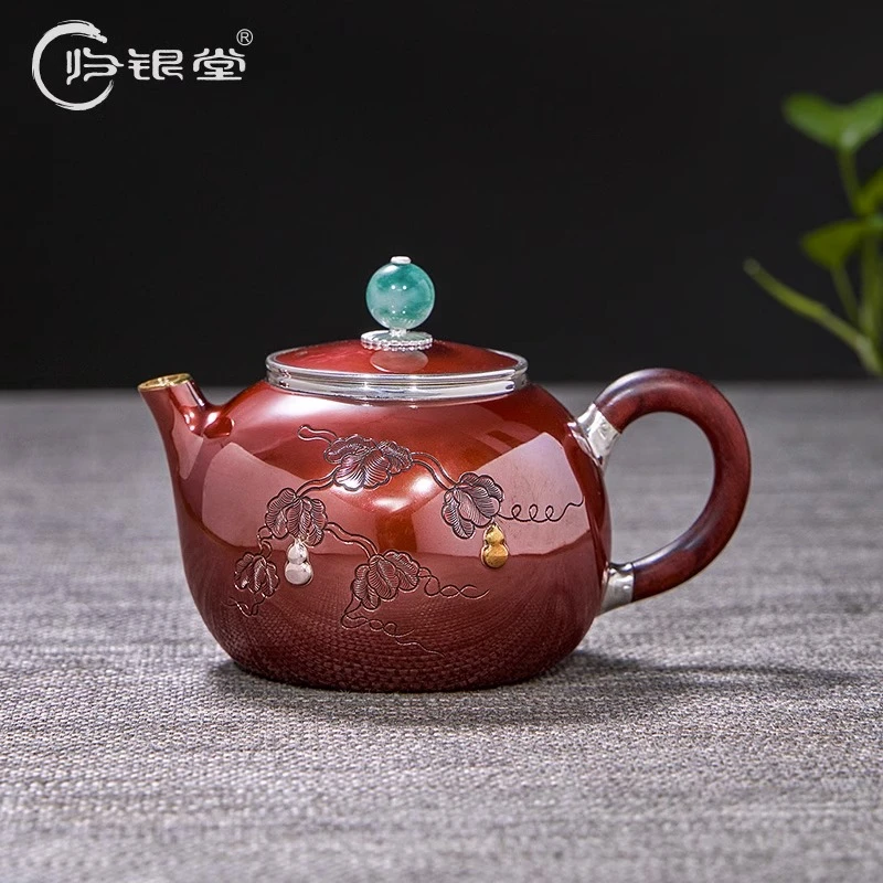 归银堂茶壶足银茶壶家用煮茶壶铜包银手工懒人功夫茶具YCH220520
