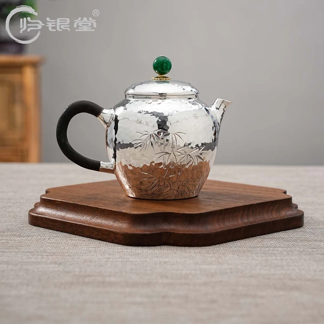 归银堂足银纯手工镜面竹子木把泡茶壶中式复古银壶茶具