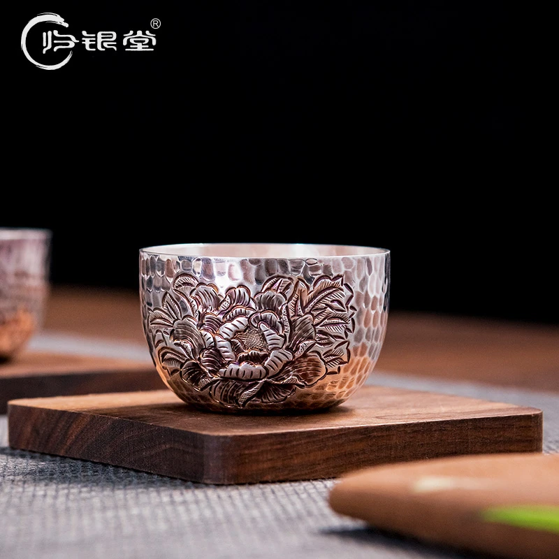 归银堂足银999主人杯亮咖牡丹品茗杯高档功夫茶具GS-HCB200608