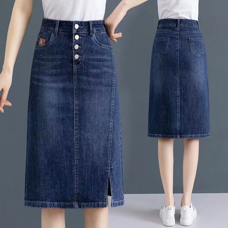 2025新款开叉高腰牛仔半身裙女中长款春夏季a字包臀一步裙子薄款