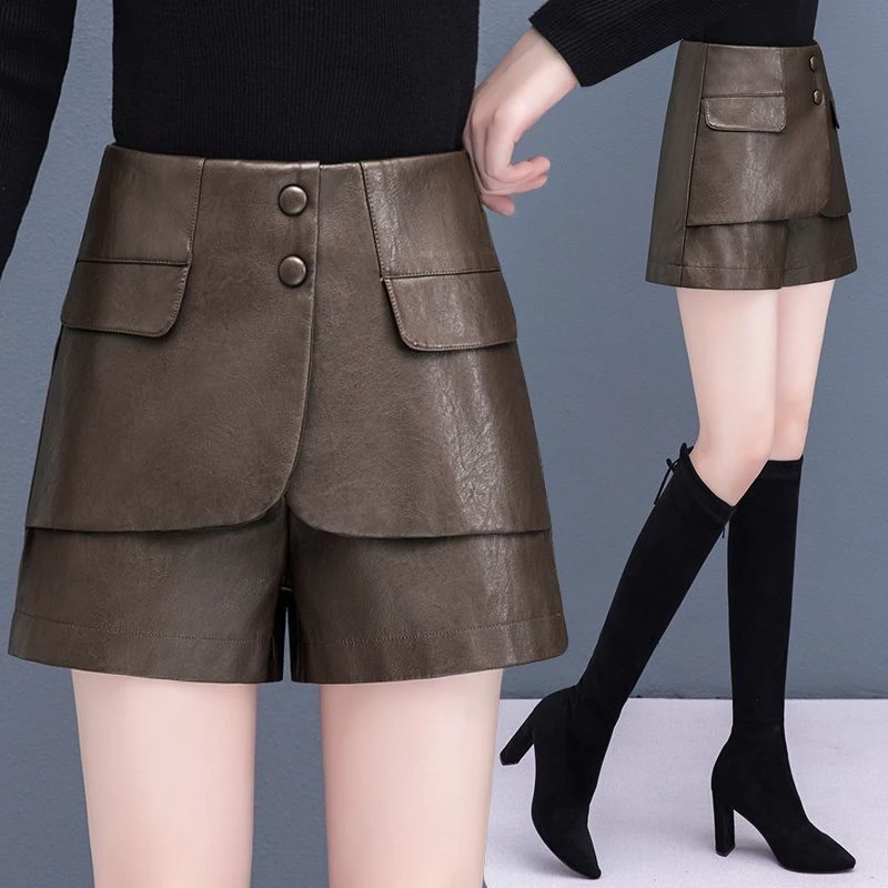 2025年秋冬新款皮裙女高腰韩版修身显瘦裙裤时尚百搭洋气PU皮短裤