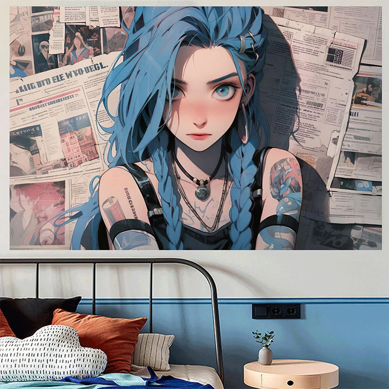 金克丝报纸墙海报超大唯美壁画电竞LOL游戏宿舍卧室自粘墙贴贴纸