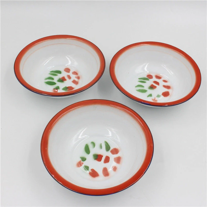 老式红花卷边碗搪瓷饭盆汤盆洋瓷盆餐厅饭碗饭店小菜盆摔不碎铁盆