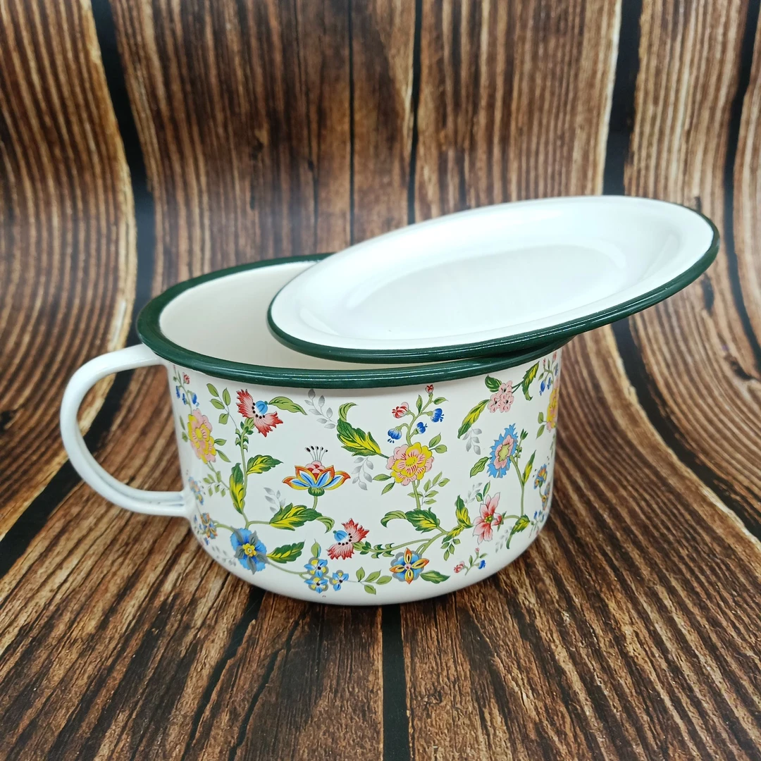 带把手学生快餐碗复古搪瓷泡面碗怀旧猪油缸子家用快餐杯带盖饭碗