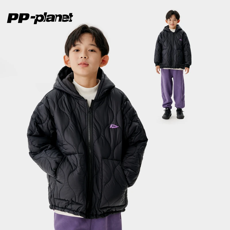 PP星球男童新款夹棉连帽棉袄冬款外套中大童保暖棉服儿童棉衣