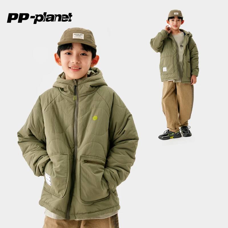 PP星球男童冬季新款保暖外套儿童绗棉连帽棉服中大童洋气棉衣