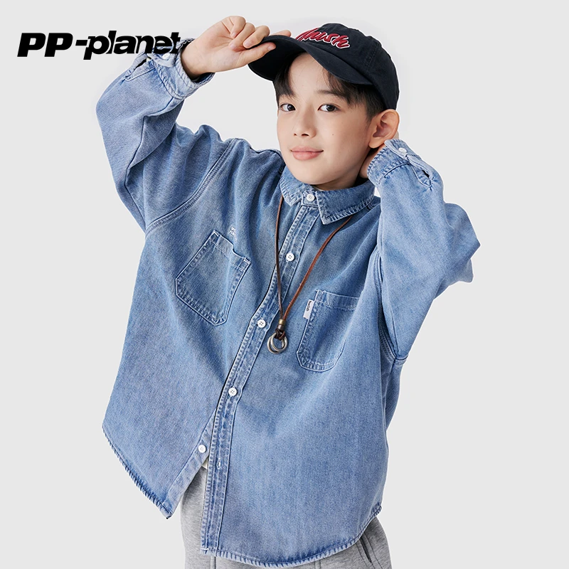 PP星球童装男女童加绒衬衫冬季新款弹力软牛仔一体绒衬衫外套