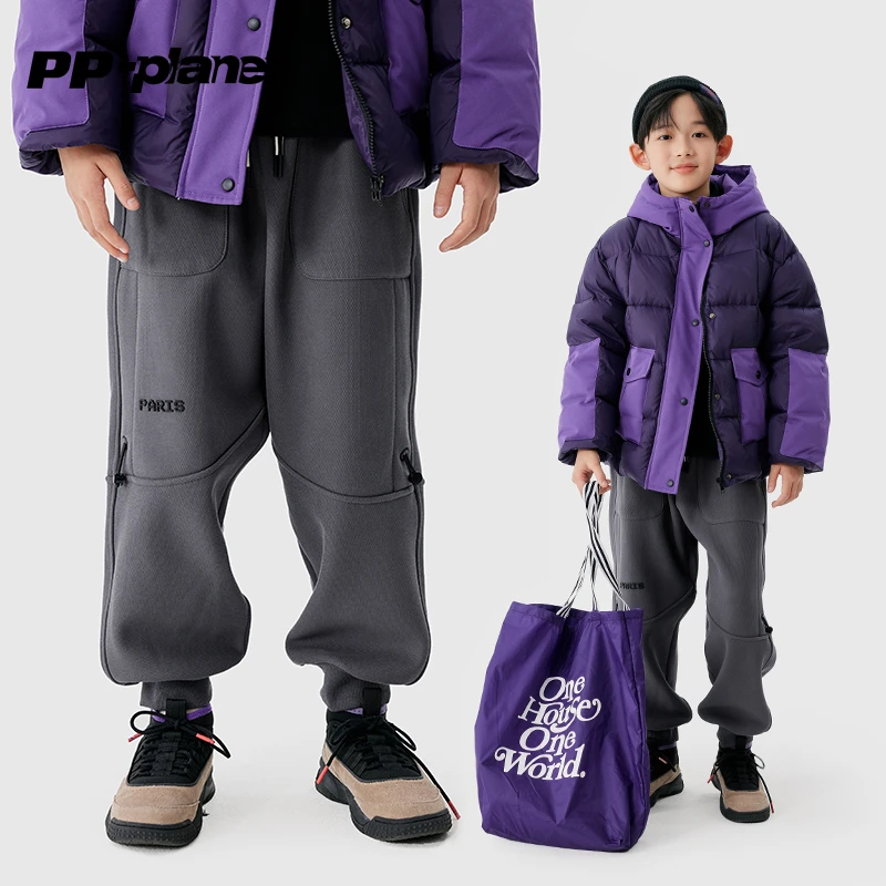 PP星球男童一体绒加厚休闲裤儿童2023冬款中大童束脚百搭运动卫裤