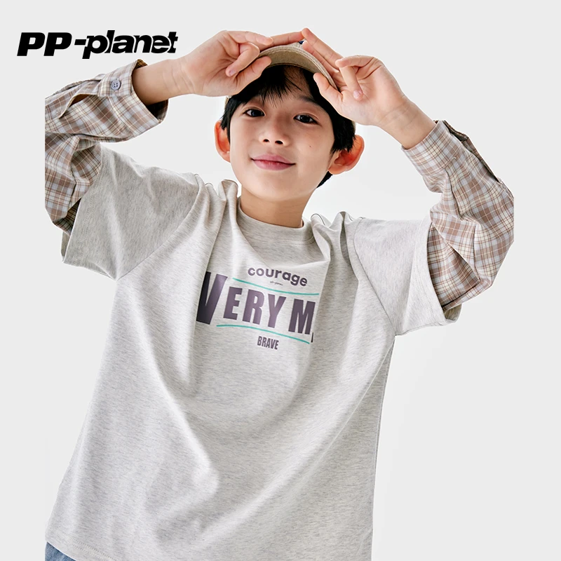 PP星球儿童假两件式时髦T恤2024春秋新款中大童男棉休闲字母拼接t