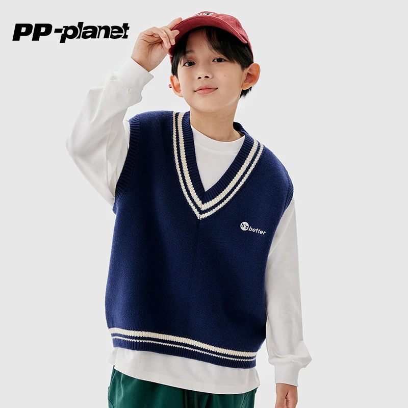 PP星球原创童装男女童背心初春新款中大童学院风毛衣马甲外套