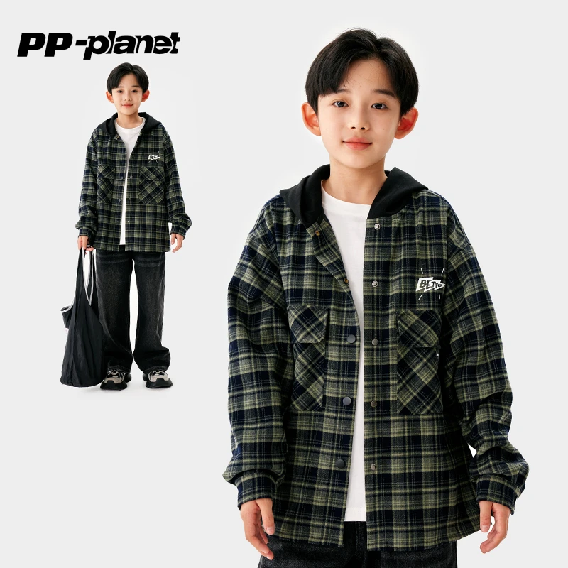 PP星球男童英伦风磨毛格子长袖衬衫春秋季中大童新款连帽外套