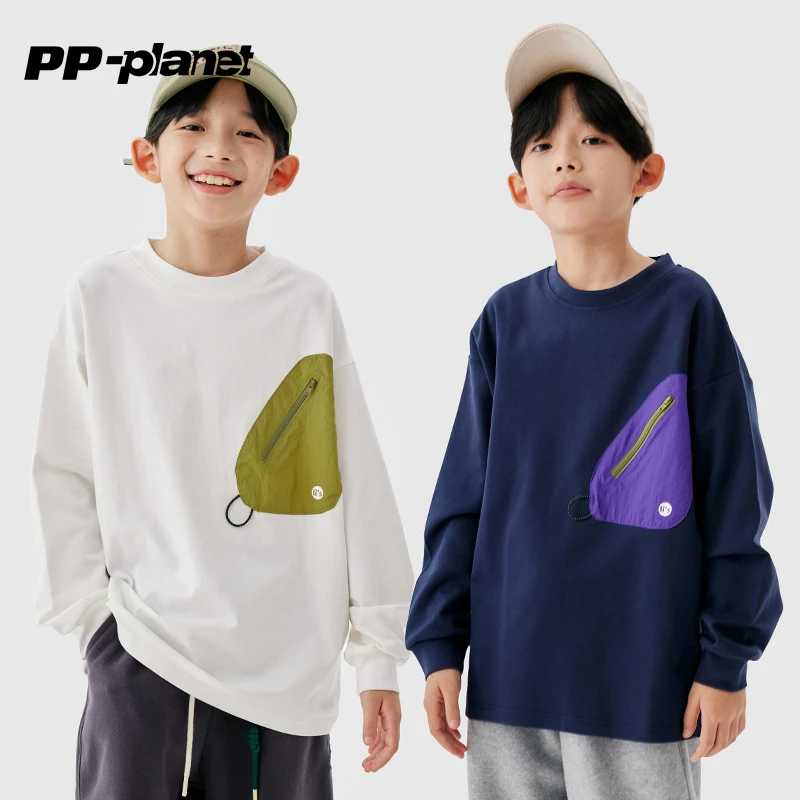 PP星球原创童装男女童卫衣春秋新款尼龙撞色口袋工装运动卫衣