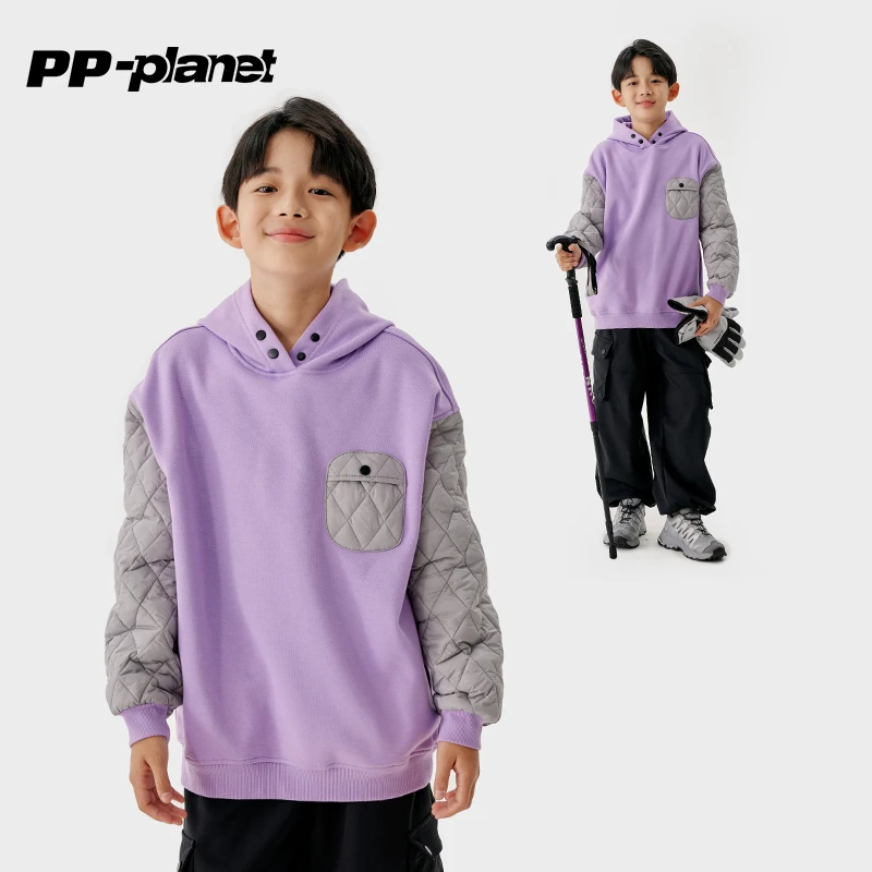 PP星球男童洋气拼接袖加绒卫衣中大童夹棉上衣儿童连帽卫衣潮
