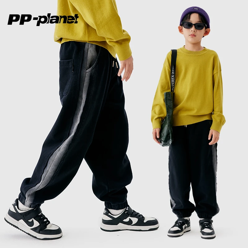 PP星球童装男童运动裤秋冬款中大童宽松拼接设计加厚运动长裤