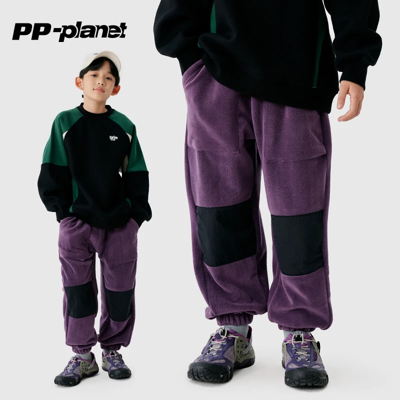PP星球男童百搭保暖运动裤冬新款儿童双面奥利绒高弹撞色卫裤