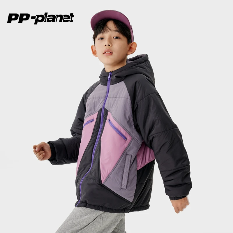 PP星球儿童绗线夹棉连帽保暖棉服外套冬季拼色中大童男棉袄