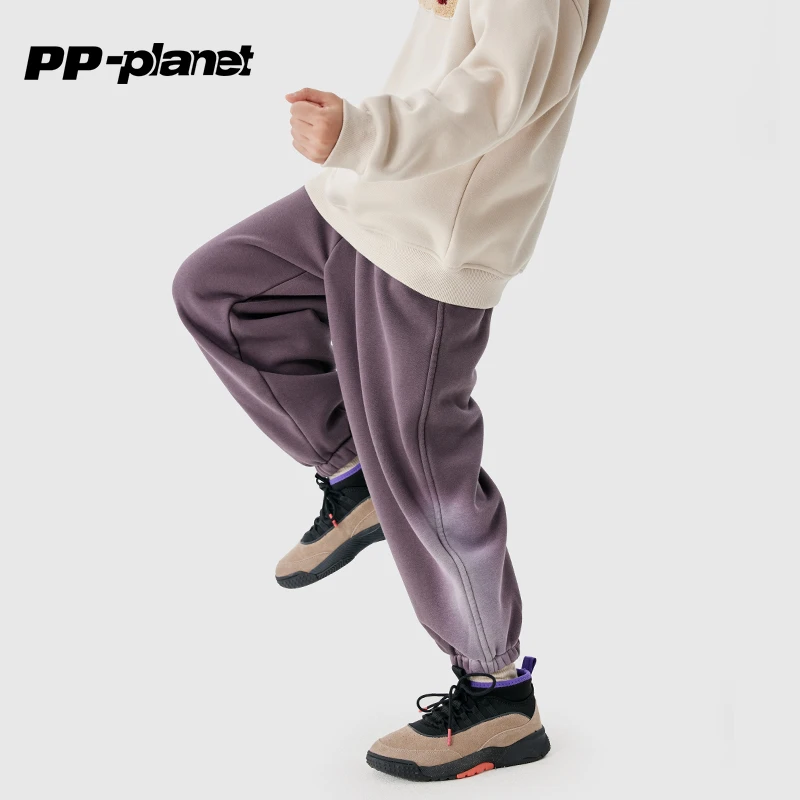PP星球男童一体绒运动裤2023冬季新款中大童渐变晕染百搭加绒卫裤