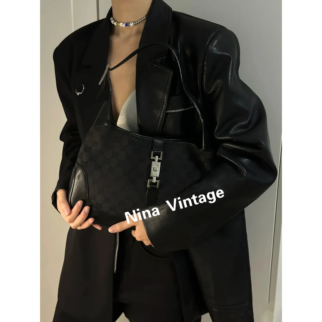 95新 GUCCI/古驰 黑花Jackie腋下单肩包