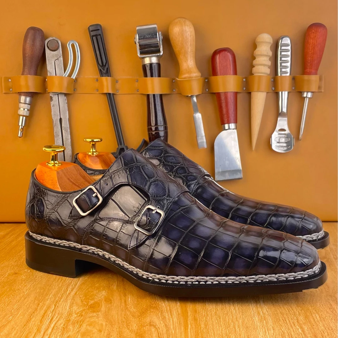 鳄行天下 纯正南非进口尼罗鳄经典僧侣男士孟克皮鞋挪威缝琴底款