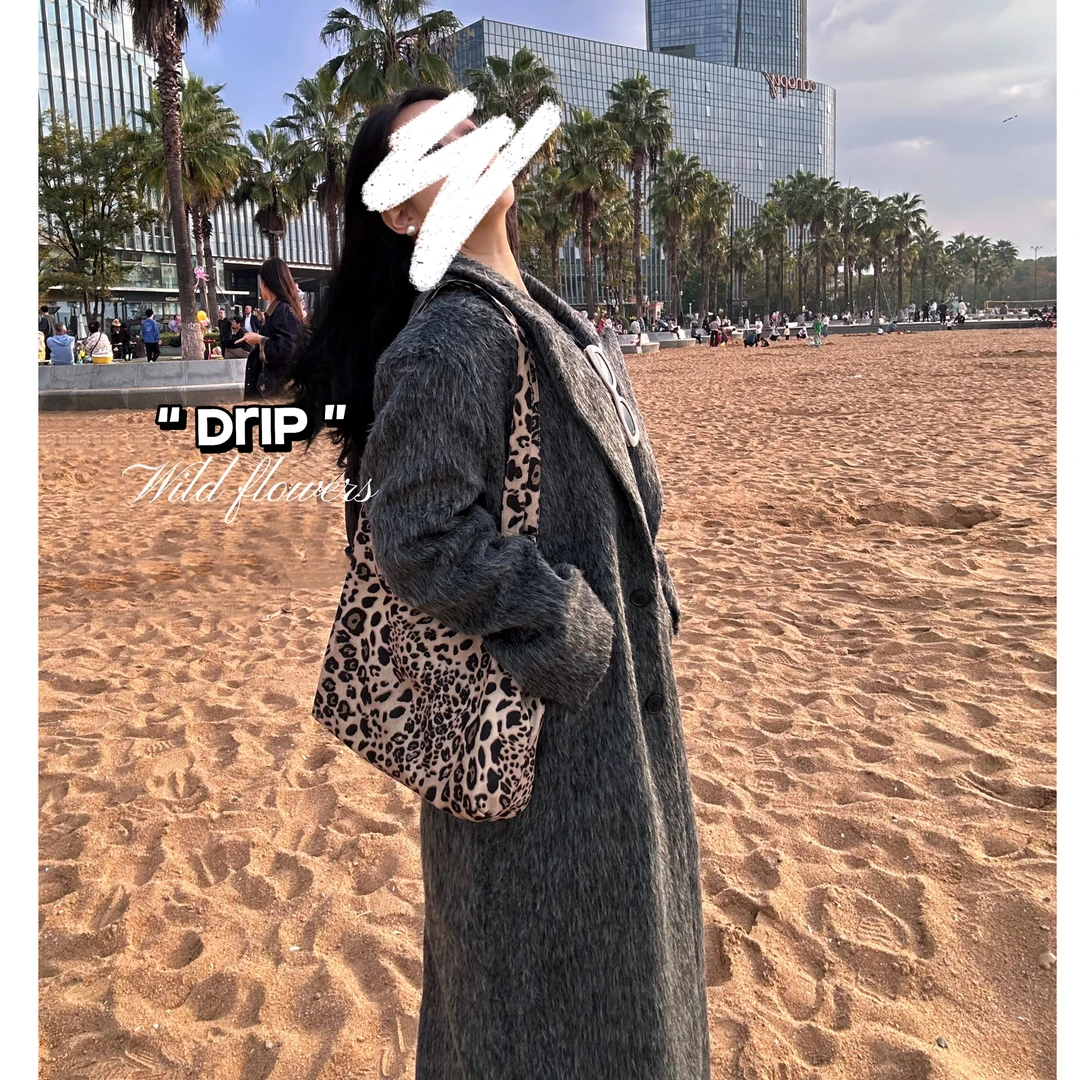 韩国财阀千金时髦灰色长毛毛单排扣仿马海毛廓形呢大衣外套女