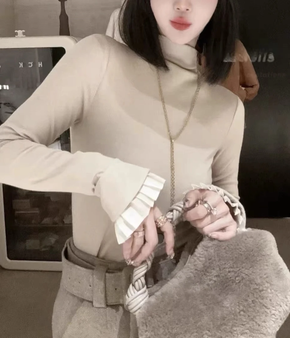 欧洲站2024秋季新款拼接飞飞袖半高领打底衫女时尚洋气百搭上衣潮