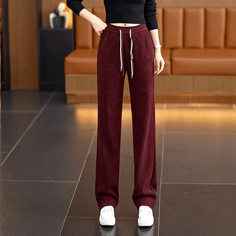 安哥拉红阔腿裤女秋冬2024加绒直筒卫裤高腰显瘦垂感百搭休闲裤子