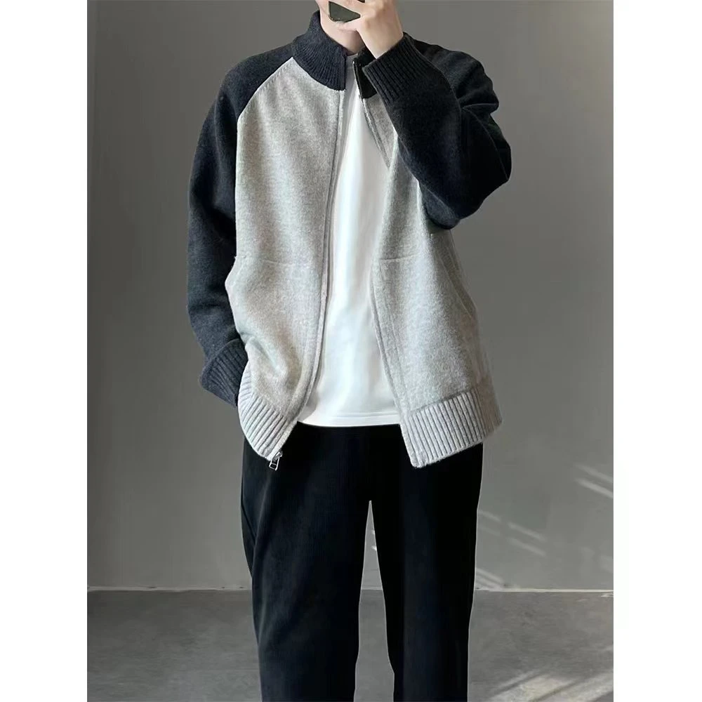春季潮流拼接撞色立领针织开衫vibe韩版男士宽松休闲学生毛衣外套