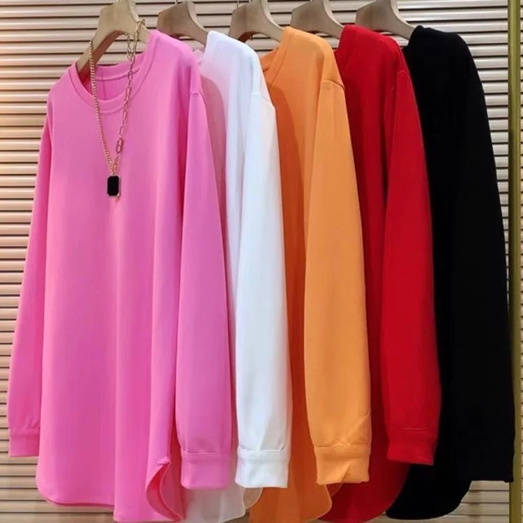 300斤徳绒大码新款2024春秋长袖宽松中长款T恤百搭韩版打底上衣女