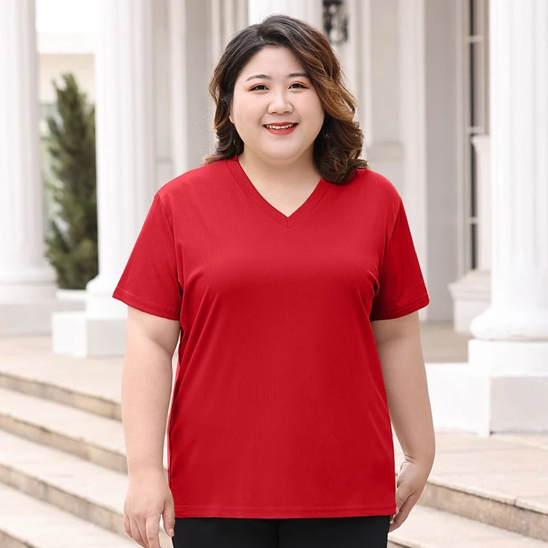 300斤大码奶油色正肩短袖t恤女夏季2023新款宽松显瘦半袖V领上衣