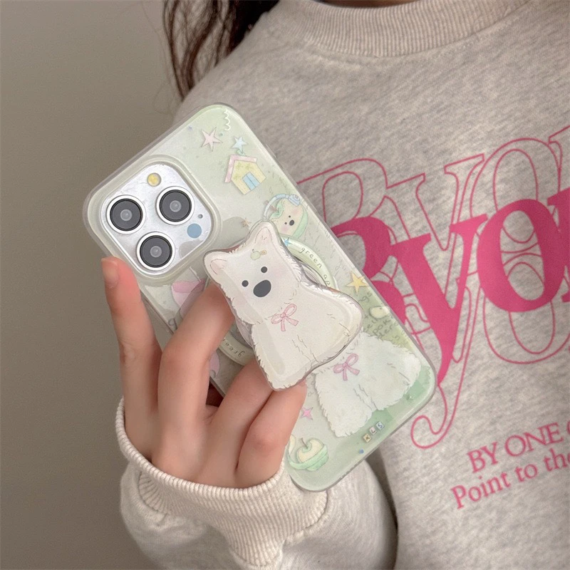 青苹果西高地狗狗适用iphone16Promax苹果15手机壳13可爱磁吸支架