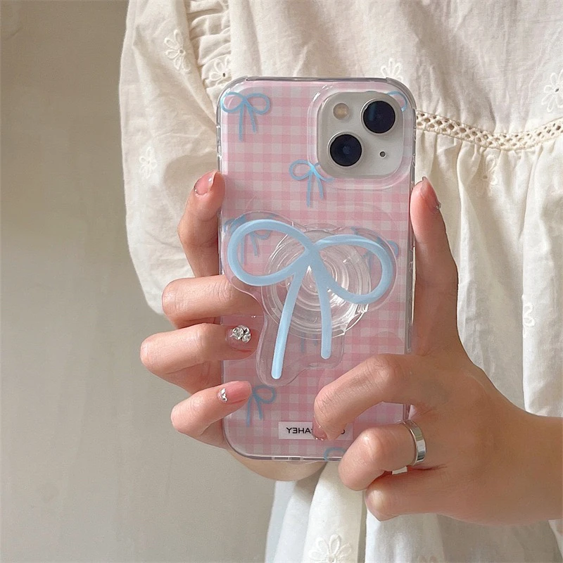 少女粉格纹蝴蝶结支架适用iphone16Promax苹果14手机壳13双层12硬