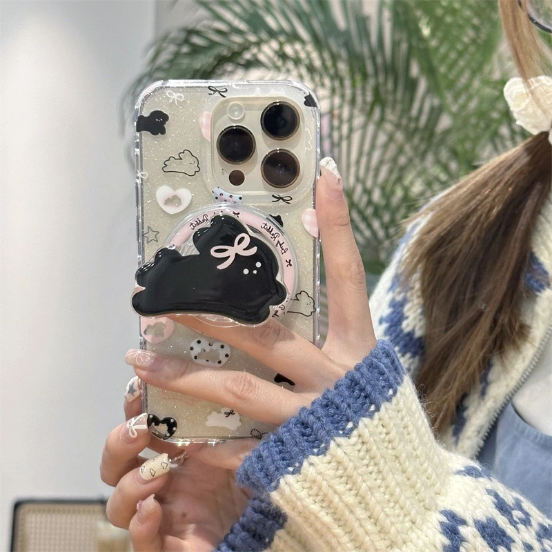 可爱闪粉兔子磁吸支架适用iphone15Promax苹果14手机壳13女12双层