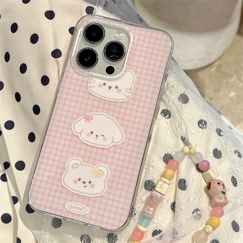 粉色格纹可爱小动物适用iphone15Promax苹果14手机壳13女12双层11