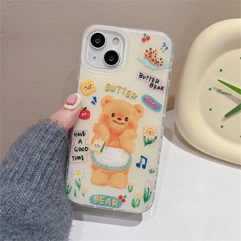 可爱春日黄油小熊适用iphone15Promax苹果14手机壳13女12双层磨砂