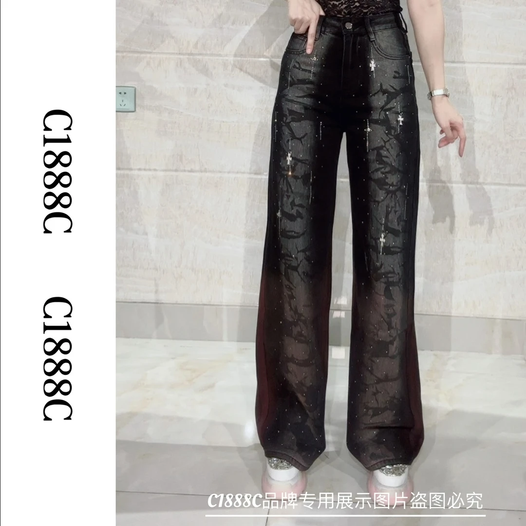 2329#C1888C品牌正品高端订制重工直筒宽松阔腿牛仔裤