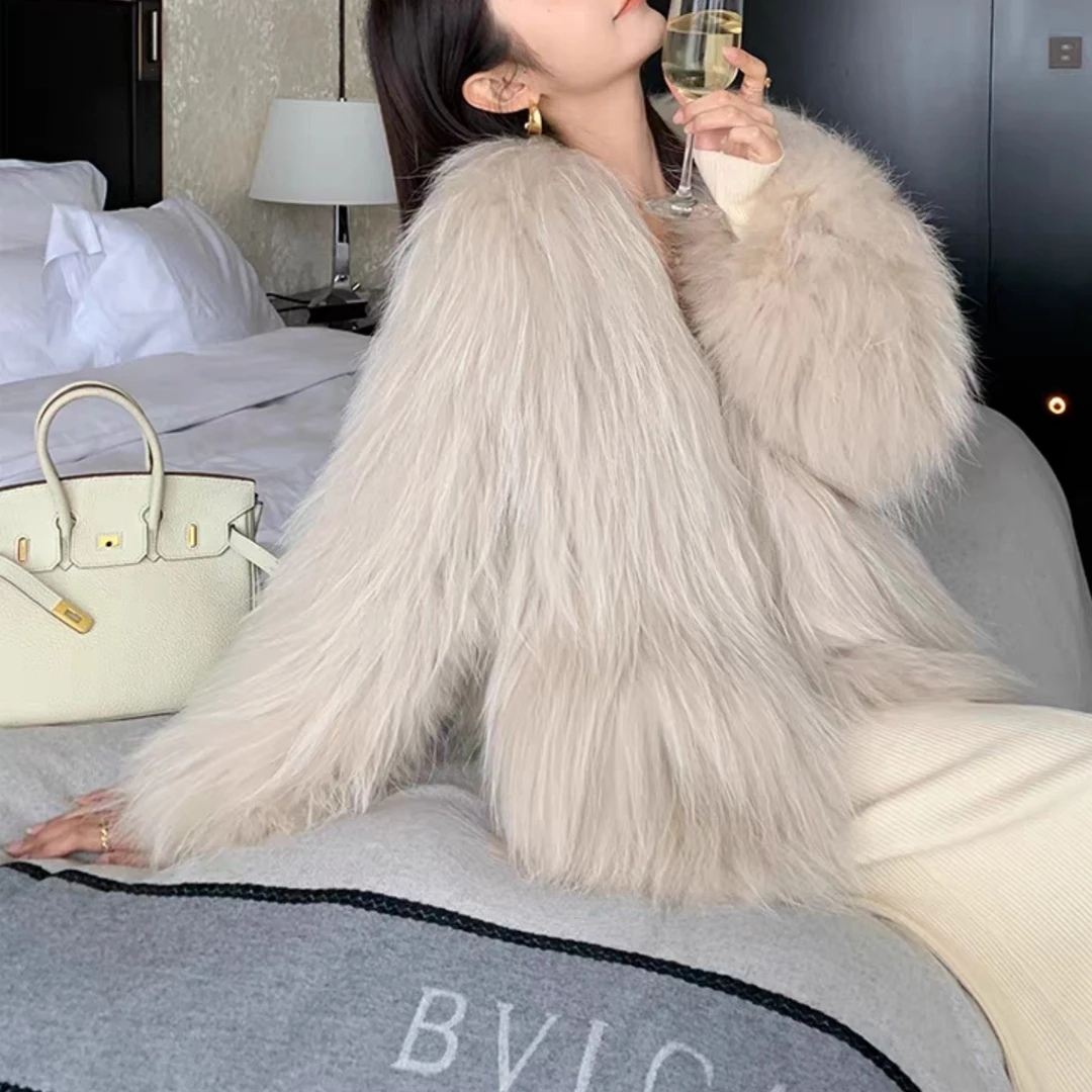 百搭宽松网红同款貉子毛双面编织单件外套女v领前七后六保暖